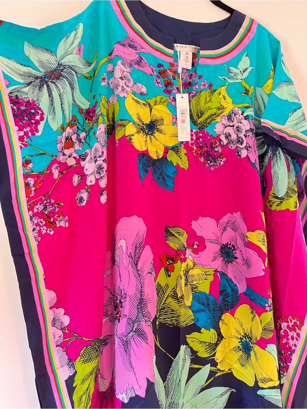 Trina Turk “Theodora” Bright Fuchsia & Turquoise Floral V-Neck Swim Coverup - Picture 11 of 16